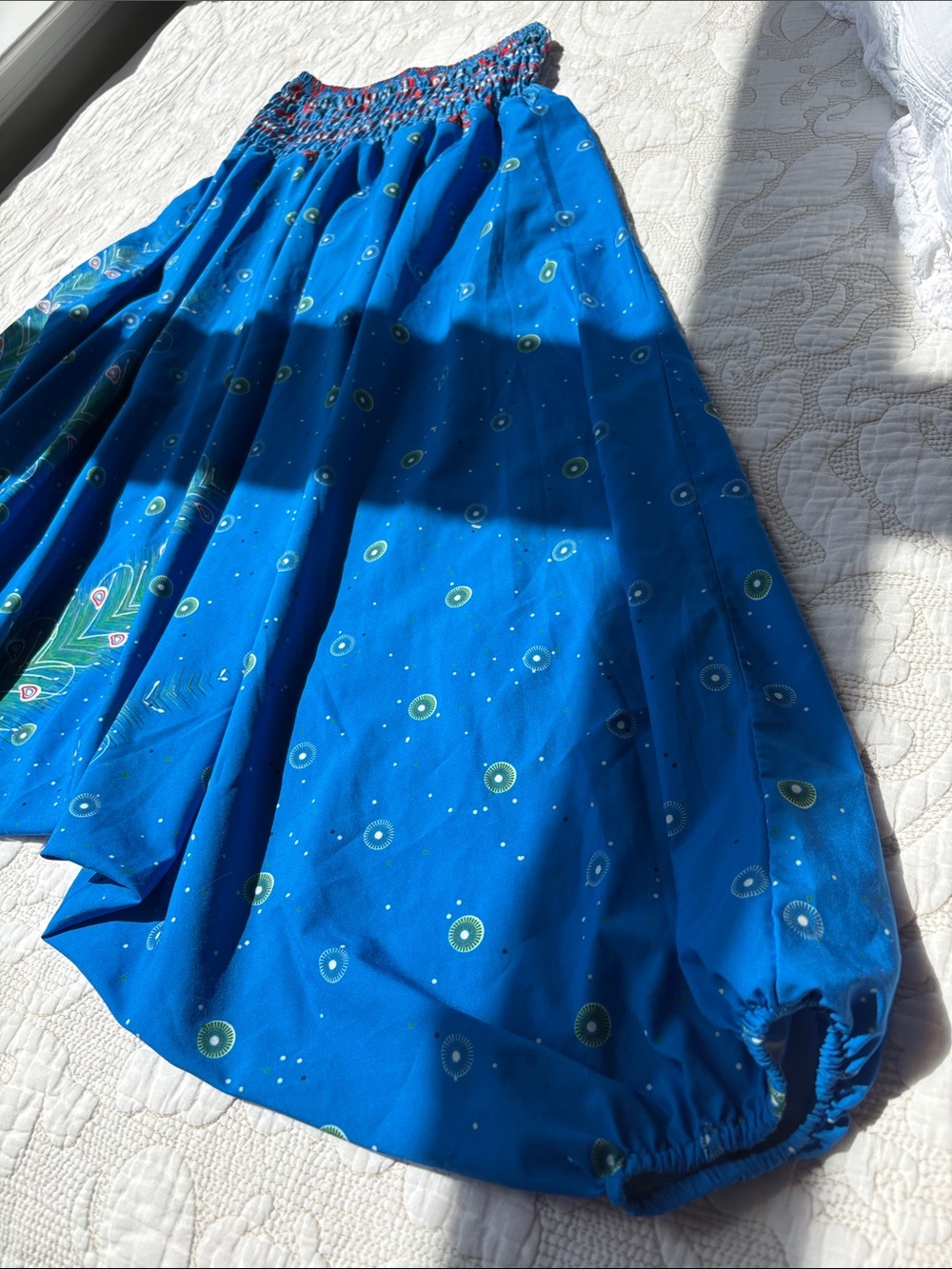 Blue Printed Smocked Waist Harem Pants